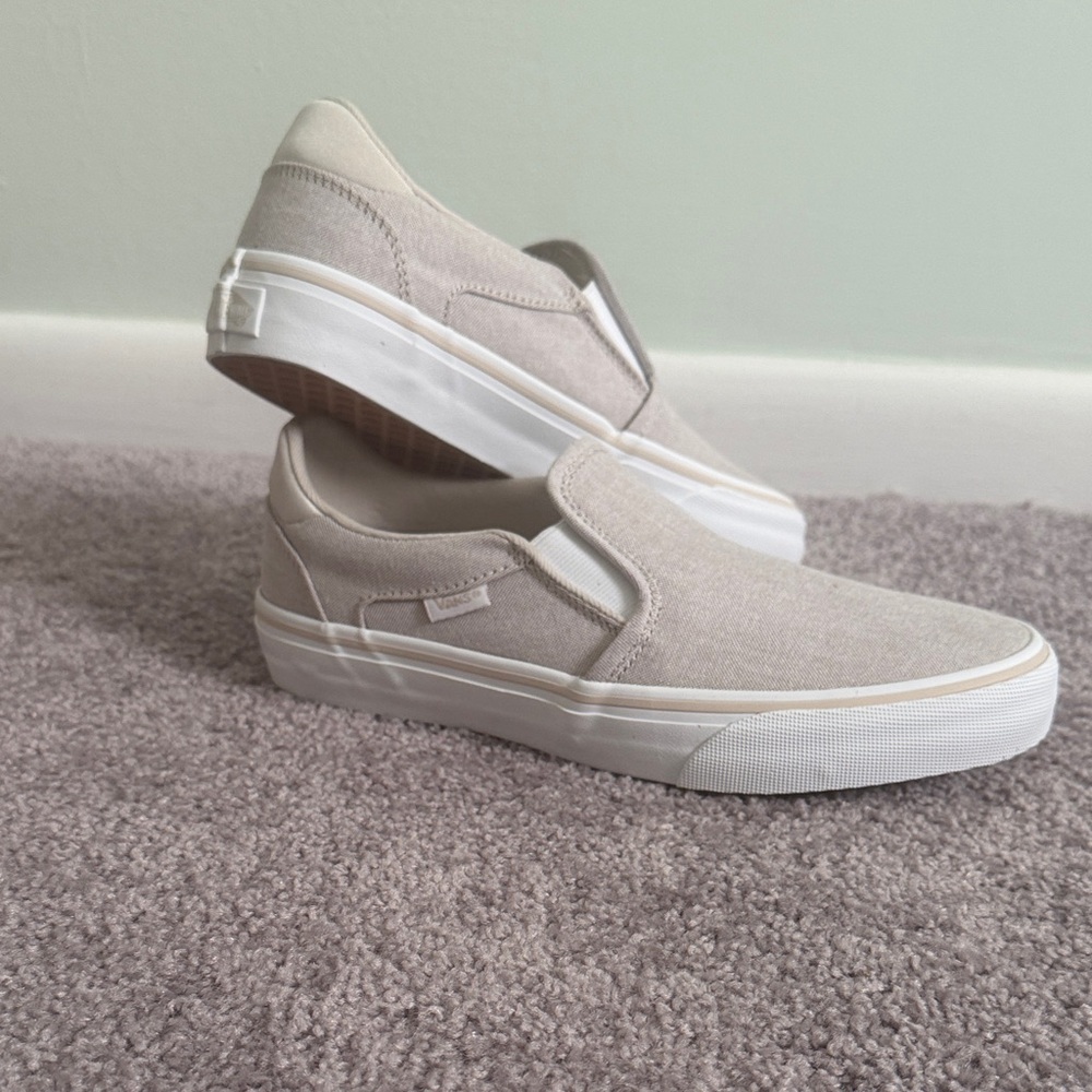 Vans Slip-On Canvas Loafers in Light Beige and White